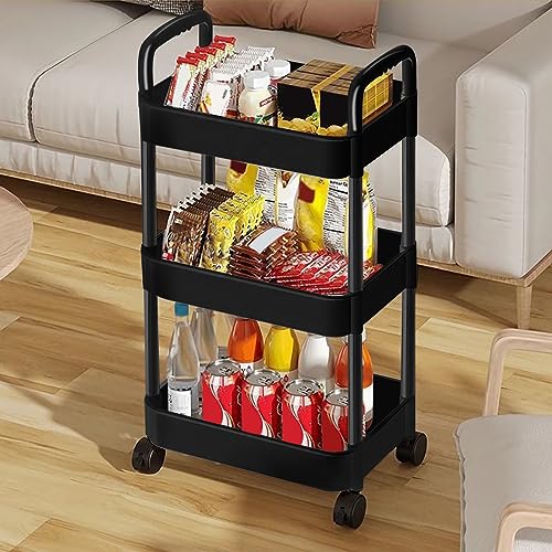 EZ COZY 3 Tier Rolling Cart, Plastic Diaper Cart Organizer with Wheels, Roller Cart for Diapers, Baby Nursery, Kitchen, Bathroom, Living Room and Bedside, Black - color: Black