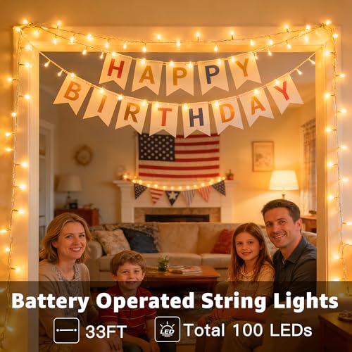 Ollny Fairy Lights Battery Operated, 100 LED 33FT Battery Powered String Lights, 8 Modes Waterproof LED Light for Bedroom Indoor Outdoor Camping Classroom Party Decor, Warm White - size: 33 FT
