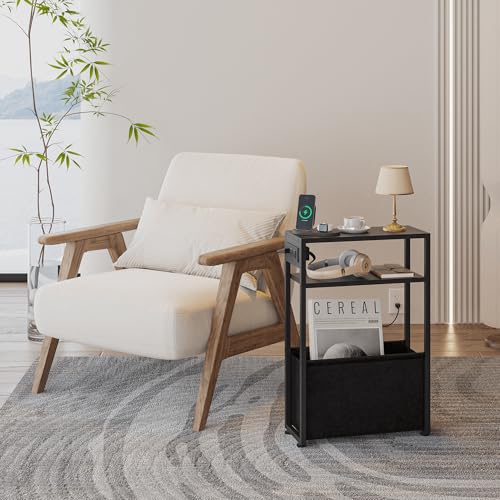 Leomonio Black Side Table with Charging Station, Slim End Tables with Fabric Basket, Skinny Table for Small Spaces, Thin Bedside Table for Living Room, Bedroom - color: Black - Outlet