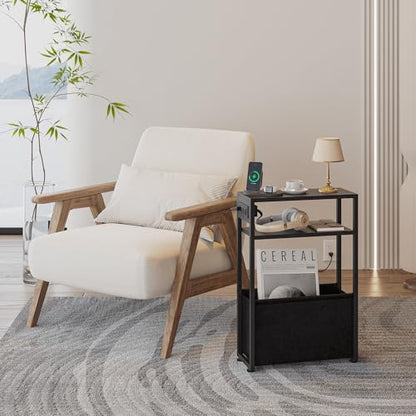 Leomonio Black Side Table with Charging Station, Slim End Tables with Fabric Basket, Skinny Table for Small Spaces, Thin Bedside Table for Living Room, Bedroom - color: Black - Outlet