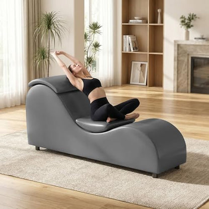 Yoga Sofa Chaise Lounge Chair for Adults Home Stretching Relaxation, 60"W Ergonomic Yoga Chaise Lounges Chair Sofas Indoor with Removable Head Cushion for Office Small Space Exercise, Dark Grey