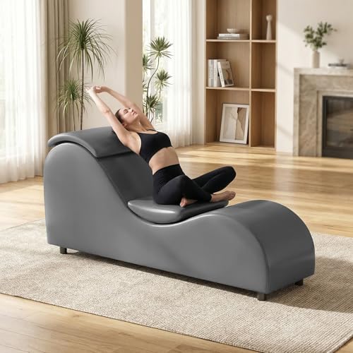 Yoga Sofa Chaise Lounge Chair for Adults Home Stretching Relaxation, 60"W Ergonomic Yoga Chaise Lounges Chair Sofas Indoor with Removable Head Cushion for Office Small Space Exercise, Dark Grey