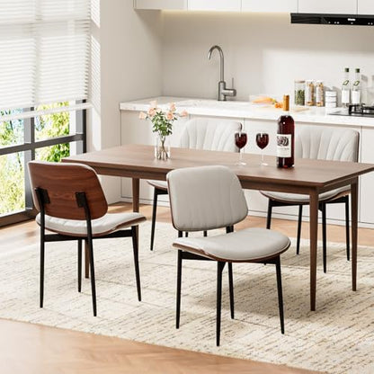 Dining Chairs Set of 2, Mid-Century Modern Upholstered PU Leather Chairs | with Walnut Bentwood Back and Metal Legs Adjustable Feet for Kitchen Dining Room, Off-White Shell Strips - color: Off-white Shell Strips