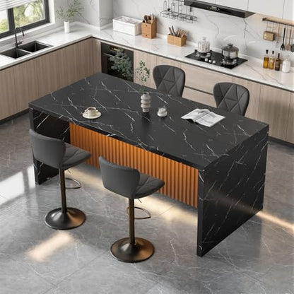 67" Kitchen Island Table with Faux Marble Top, Counter Height Dining Table for Kitchen, Modern Island Table with Fluted Base, Seats 4 - color: Black, size: Table Only