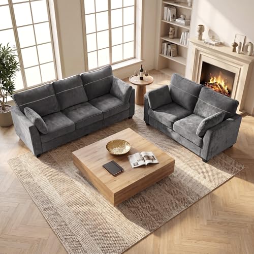 89" Sofa, Chenille 3-Seater Sofa with 2 Pillows, Grey | Easy Assembly, Pocket Spring Cushions, Comfy Modern Small Couch for Living Room, Bedroom, Apartment, Office - color: Grey, size: 89" 3-Seater Sofa