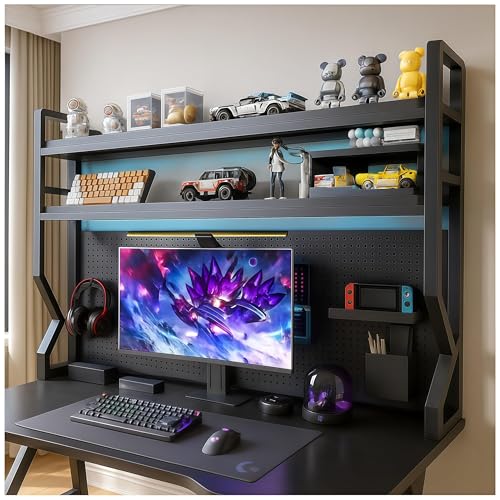 Desktop Hutch Bookshelf,Many Gifts,Metal Desktop Bookcase with pegboard, Desk Shelf, Countertop Storage Organizer Rack for Dorm or Office,Desktop Shelves (Black, 29.5" Lx9.9 Wx39 H) - color: Black, size: 29.5" Lx9.9 Wx39 H