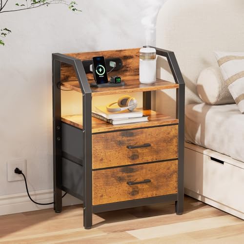 HLDIRECT Nightstand with Built-in Charging Station & Warm LED Light | 2 Fabric Drawers, FSC Wood, 66 lbs Capacity, 18.1"W x 11.5"D x 26"H, Adjustable Feet, for Bedroom, Dorm, Rustic Brown - color: Rustic Brown, size: 2 Drawers