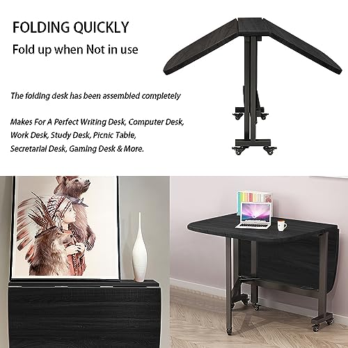 Multifunction Table Drop Leaf Dining Table - 47" Wooden Foldable Kitchen Table with 6 Wheels (Black) - color: Black