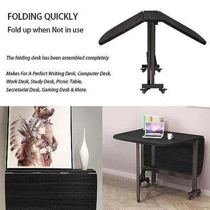 Multifunction Table Drop Leaf Dining Table - 47" Wooden Foldable Kitchen Table with 6 Wheels (Black) - color: Black