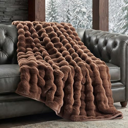 Faux Rabbit Fur Bubble Throw Blanket, 60"x80", Chestnut | Ultra Soft, Luxury Faux Rabbit Fur Throw, Thick Warm Bubble Blanket, Cozy Fluffy Reversible, for Bed, Couch, Chair, Sofa - color: Chestnut, size: 60"x80"