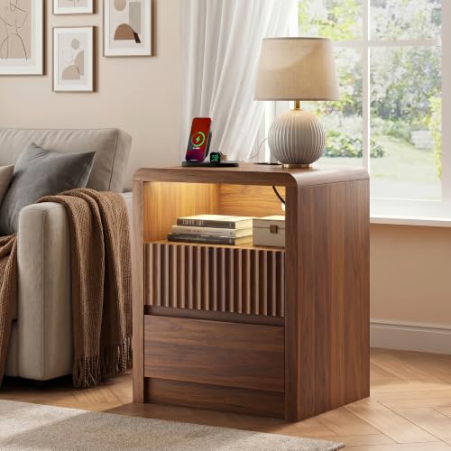 LYNSOM Fluted LED Nightstand Set of 2, Charging Station & 2 Drawers, Walnut | Mid Century Modern Night Stand with Stoarge, Wood Bedside End Table with Curved Edge for Bedroom, Living Room, Office, 20" W - color: Walnut, size: 2 Drawers