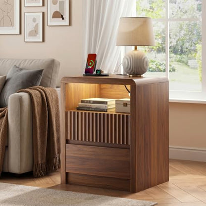 LYNSOM Fluted LED Nightstand Set of 2, Charging Station & 2 Drawers, Walnut | Mid Century Modern Night Stand with Stoarge, Wood Bedside End Table with Curved Edge for Bedroom, Living Room, Office, 20" W - color: Walnut, size: 2 Drawers