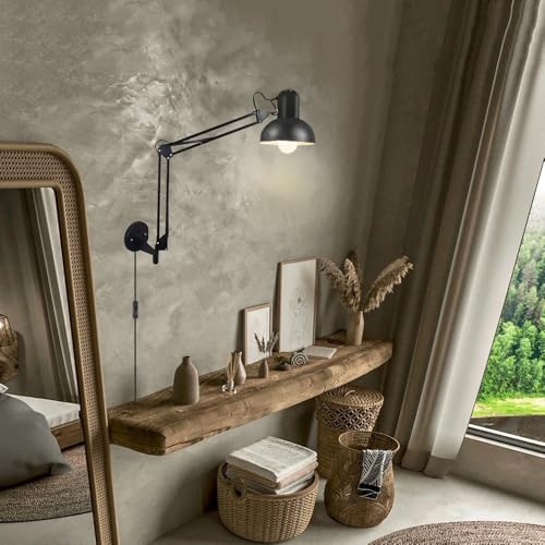 Black Industrial Swing Arm Wall Light Nordic Adjustable Long Arm Wall Sconces Lamp Metal Double-arms Folding Architect Work Wall Mount Lighting for Bedroom Reading Living Room