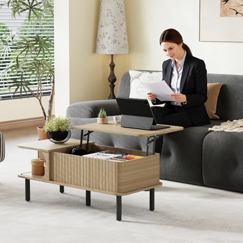 Lift Top Coffee Table,Wooden Rectangle Coffee Table with Hidden Storage Space,Metal Handles,Metal Legs,Mid Century Modern Style,Suitable for Living Room,Office,Apartment. (A-Lift Coffee Table-Oak) - color: A-lift Coffee Table-oak