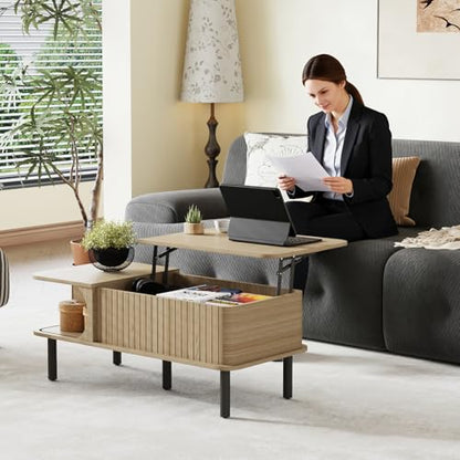 Lift Top Coffee Table,Wooden Rectangle Coffee Table with Hidden Storage Space,Metal Handles,Metal Legs,Mid Century Modern Style,Suitable for Living Room,Office,Apartment. (A-Lift Coffee Table-Oak) - color: A-lift Coffee Table-oak