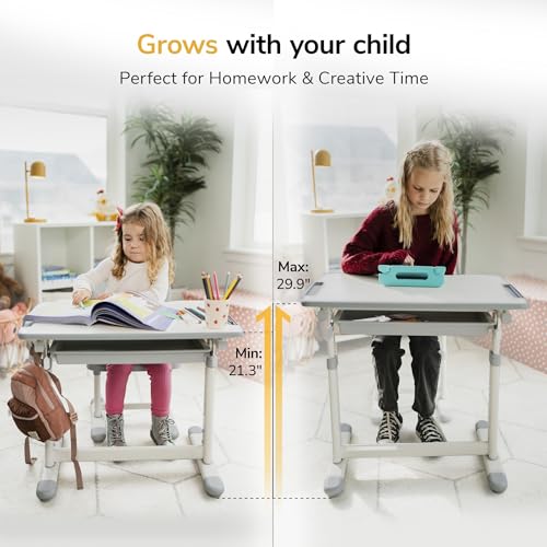 Mount-It! Kids Desk and Chair Set Height Adjustable up to 30" Ergonomic for School - Table and Chairs for Student 26" x 18" Tabletop with Pencil Drawer, 3-10 Age Children, Grey - color: Grey
