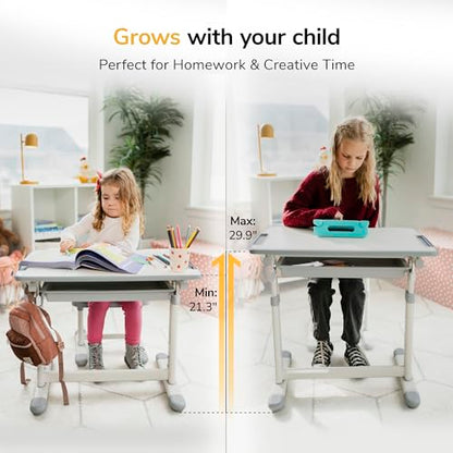 Mount-It! Kids Desk and Chair Set Height Adjustable up to 30" Ergonomic for School - Table and Chairs for Student 26" x 18" Tabletop with Pencil Drawer, 3-10 Age Children, Grey - color: Grey