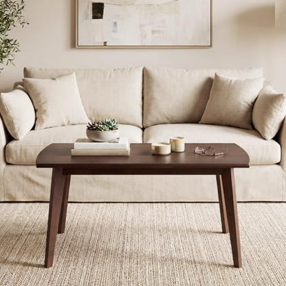 GOFLAME Solid Wood Coffee Table, 34.5" x 21" x 17" Mid-Century Modern Center Table with Storage, Curved Edges, Retro, Small Japanese Floor Table with Tapered Legs for Living Room, Apartment, Walnut