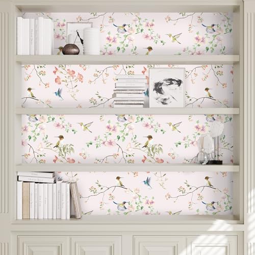 17.7"x78.7" Rustic Hummingbird Floral Wallpaper Peel and Stick Decorative Purple/Pink Floral Contact Paper for Cabinets Drawers Removable Self Adhesive Mural Wallpaper for Bedroom Nursery