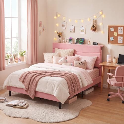 EnHomee Full Size Bed Frame with Upholstered Headboard & Charging Station | Adjustable height, Wave design, 2 USB & 1 Type-C ports, Under-bed storage, Noise-free, No box spring needed, Pink - color: Pink, size: Full