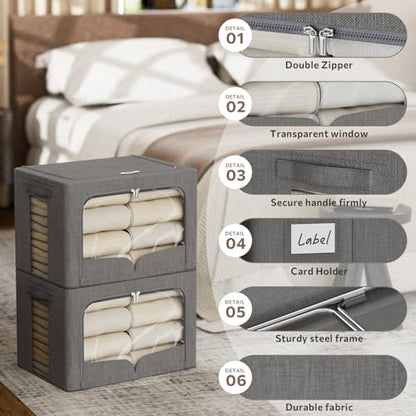 FHSQX 3 Pack Clothes Storage Bins with Metal Frame | Dark Gray, 15.7x11.8x11.8inch (36L) ,Foldable, Stackable Linen Fabric, Carrying Handles, Clear Window - color: Dark Gray, size: 15.7x11.8x11.8inch(36L)
