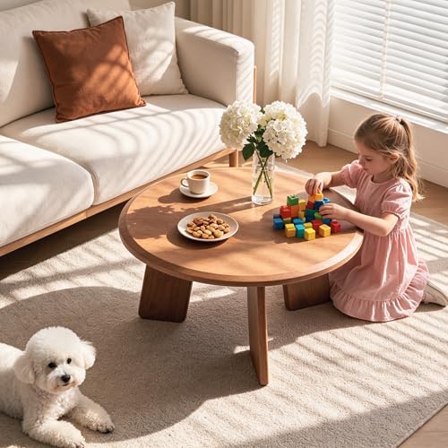 32" Round Coffee Table for Living Room, Wood Coffee Table with Solid Wood Legs, Small Center Table for Apartment, Modern Rustic Circle Coffee Table, Easy Assembly, Walnut - color: Circle, Walnut