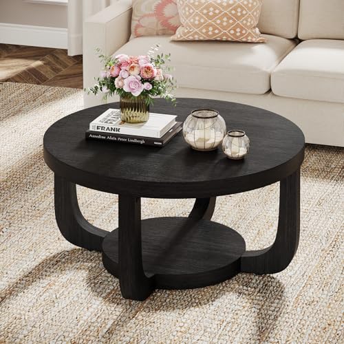 Tribesigns Round Coffee Table, 2-Tier Circle Coffee Table with Storage, Modern Wooden Accent Center Table for Living Room, Thick Tabletop & Base, Black - color: Black