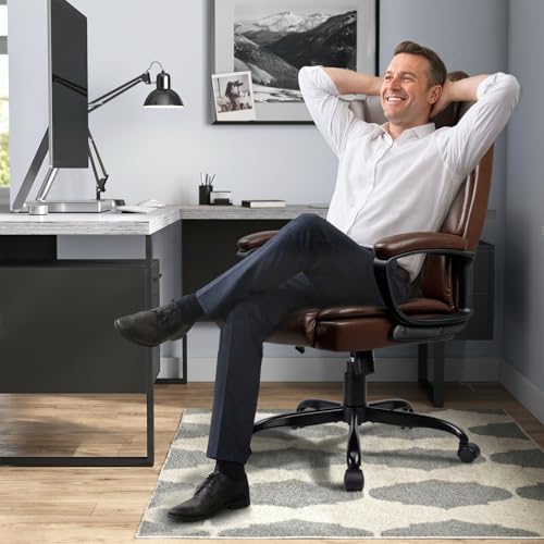 Adjustable High Back PU Leather Executive Office Chair, Brown | Ideal for office or home, 360° swivel, padded armrests, pneumatic height adjustment, Durable PU leather for long sitting - color: Brown