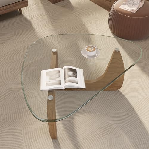 Modern Glass Coffee Table, Triangle Center Table with Tempered Glass Top& Unique Wooden Base, 35.5” Mid Century Tea Tables for Living Room, Apartment, Office,Wood &Transparent - color: Wood & Transparent, size: Medium 35.5*25.5*15.7in