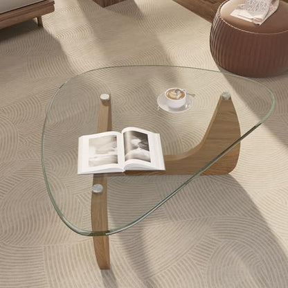 Modern Glass Coffee Table, Triangle Center Table with Tempered Glass Top& Unique Wooden Base, 35.5” Mid Century Tea Tables for Living Room, Apartment, Office,Wood &Transparent - color: Wood & Transparent, size: Medium 35.5*25.5*15.7in