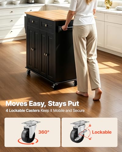 VEVOR Kitchen Island Cart with Storage, 43.58 in Wide Mobile Rolling Storage Island on Swivel Wheels, with 2 Drawers, Storage Cabinet, Drop Leaf, Spice/Towel Rack, Table for Home Dining Room, Black | Home Dining Meal Prep Station With Spice Towel Rack Hoo