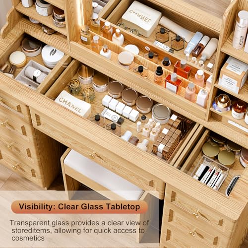 Arulvmrn 43" Makeup Vanity Desk with Mirror and Lights, & Power Outl, Glass Top Big Vanity Table with 9 Drawers& 8 Storage Shelves, Dressing Table Set with Chair for Bedroom, Wood - color: Wood