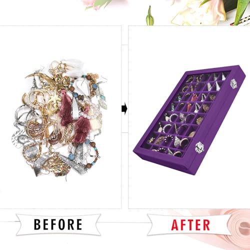 Siveit Velvet Jewelry Tray 48 Grid Jewelry Display Tray Organizer Box with Transparent Lid Rings Earrings Necklaces Pendants Display Box Suitable for Women and Girls (Purple) - color: Purple