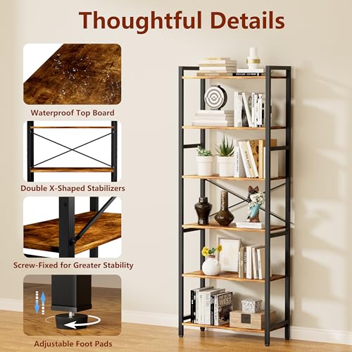 6 Tier Bookshelf,Storage Shelf with Steel Frame,Free Standing Open Book Shelves Storage Display Shelf - size: 6 Tier