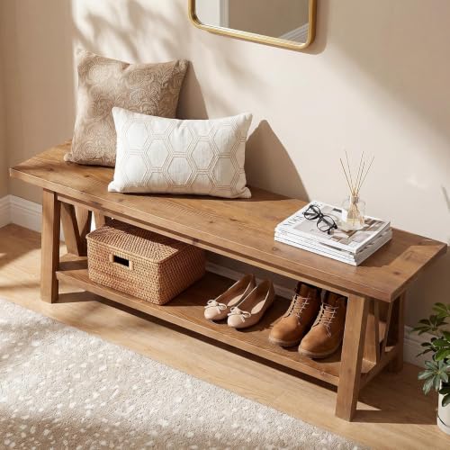 LITTLE TREE 55" Solid Wood Entryway Bench with Storage Shelf | Farmhouse Rustic Shoe Storage Bench Seat for Hallway, Living Room, Bedroom & Mudroom