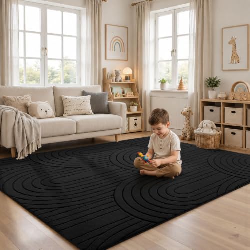 Sour Lemon Area Rugs 9x12 Living Room Bedroom, Modern Washable Rug Black | Machine Carpet Non-Slip, Soft Large Fluffy Plush Thick, Big, Geometric High-Low Pile Nersy Rug for Kids Dining Room - color: Black, size: 9' x 12' (Rectangular)