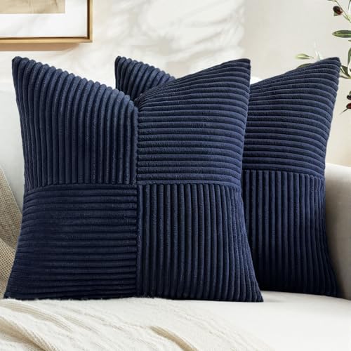 MIULEE Navy Blue Decorative Throw Pillow Covers 16x16 Inch for Couch Bed Sofa Pack of 2 Boho Farmhouse Throw Pillows Soft Cross Corduroy Patchwork Textured Cushion Cases - color: Navy Blue, size: 16" x 16" (Pack of 2)