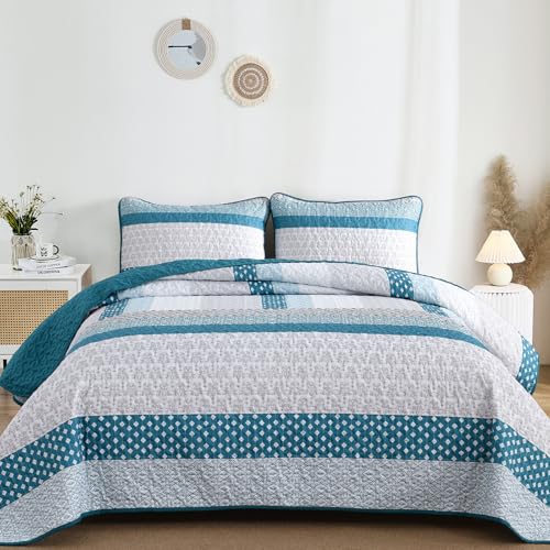 WONGS BEDDING Teal Blue Queen Size Quilt Set, Boho Striped Bedspread | 3 Pieces Ultra Soft Lightweight Bedding Set with 2 Pillow Shams for All Seasons,Reversible Polyester (96"x90") - color: Blue Grey, size: Queen