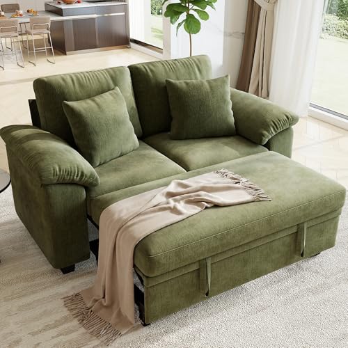 61” Pull Out Couch, 2 in 1 Sleeper Sofa Bed with Throw Pillow, Convertible Small Loveseat Sleeper Couch for Living Room, Bedroom, Apartment (Green) - color: Green, size: 2 Seat Sleeper