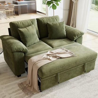61” Pull Out Couch, 2 in 1 Sleeper Sofa Bed with Throw Pillow, Convertible Small Loveseat Sleeper Couch for Living Room, Bedroom, Apartment (Green) - color: Green, size: 2 Seat Sleeper