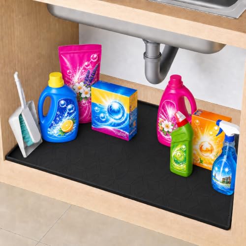 34"x22" Waterproof Cabinet Protector Silicone Under Sink Tray(Black) | Thick Silicone Under Sink Drip Tray with Protective Lip, Flexible Anti-Slip Mat for Kitchen, Bathroom, Laundry & RV - color: Black