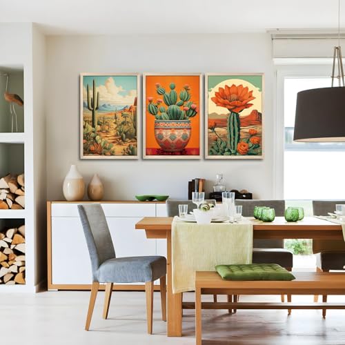 Wood Framed Mexican Cactus Wall Art Set of 3, Vintage Desert Botanical Canvas Prints, Boho Southwestern Floral Painting Pictures, Rustic Living Room Bedroom Bathroom Home Wall Decor 16x24 inch - color: Cactus, size: 24"L x 16"W