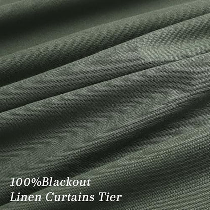 100% Blackout Kitchen Linen Curtains Back Tab Pleated Small Drape 36 Inch Length Privacy Thermal Insulated Elegant Mini Cafe Curtain for Rustic Farmhouse Bathroom Bedroom Olive Green 26x36 - color: Olive Green, size: 26"W x 36"L (Pack of 2)
