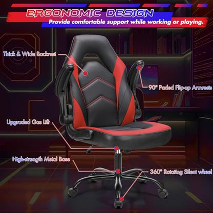 Sweetcrispy Gaming Chair, Lumbar Support Home Office Computer Chair | PU Leather, Flip-up Armrest, Swivel Wheels, Height Adjustable, Video Racing, Red - color: Red