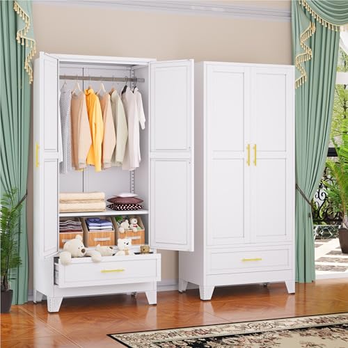 GAIOUS Metal Armoire Wardrobe Closet Cabinet with 2 Doors and Drawer, 71" | Household Wardrobe Cabinet with Hanging Rod, Clothing Storage Cabinet with Adjustable Shelf for Bedroom Cloak Room Gym White - color: 1 Drawer White, size: 17.71"D x 31.5"W x 71"H