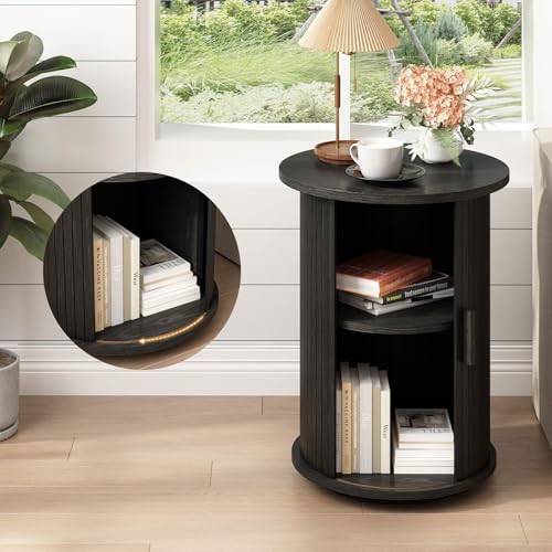 Wnutrees Round Fluted End Table, Small Accent Pedestal Side Table, Black | Wood Nightstand with Sliding Door & 2 Tier Shelf, Bedside Unit for Living Room, Bedroom - color: Black