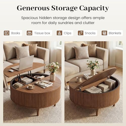 31.5" Round Coffee Table with Lifting Top, Storage for Living Room, Walnut | Fluted Center Table, Mid Century Modern Design for Home Office and Small Space with 4 Hidden Compartments - color: Walnut