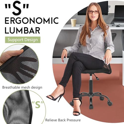 BestOffice | Armless Office Chair | Black | with Lumbar Support | Ergonomic Computer Chair with Height Adjustment, 360 Swivel, High Density Cushion & Rotatable Wheels | For Home, Office - color: Black