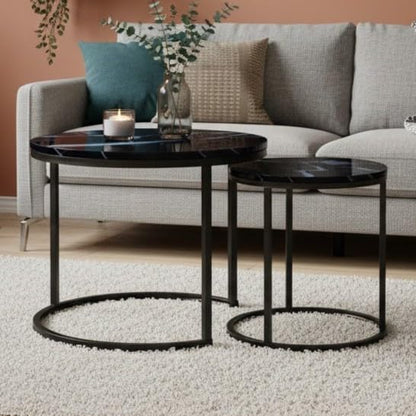Nesting Side Tables, Coffee Table Set of 2 with Sturdy Metal Frame, Modern Industrial Simple Nightstand for Living Room Bedroom Apartment (Black) - color: Black