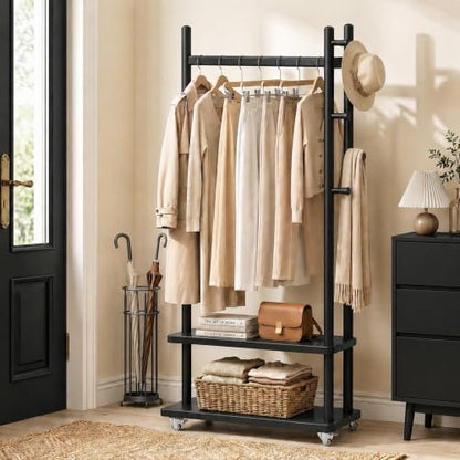 Coat Rack Solid Wood Stand Storage 2 Shelves 4 Hooks Black | Entryway hallway bedroom living room, durable wood construction, freestanding design, coats hats bags garments - size: Black - L:24.8''D×13''W×71''H (With Wheels)